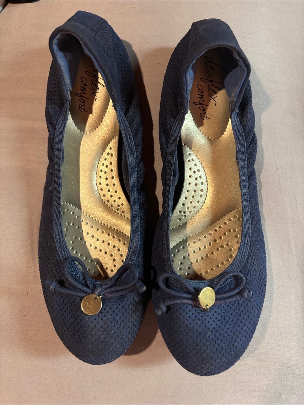 dexflex comfort navy perforated ballet flats with bow & gold charm